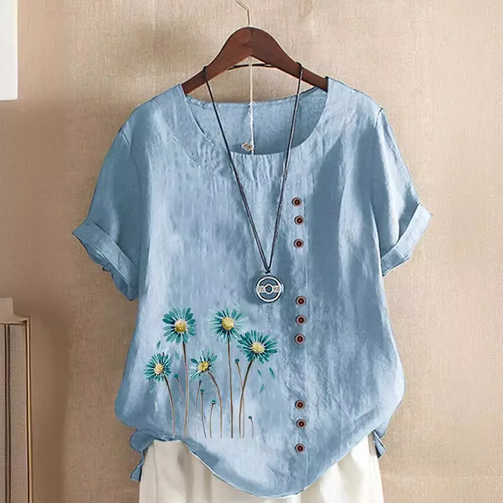 Women's White Flower Print Button T-Shirt Loose Casual Summer Wear - Image 13