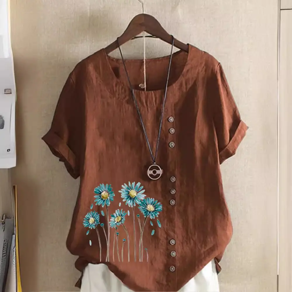 Women's White Flower Print Button T-Shirt Loose Casual Summer Wear - Image 14