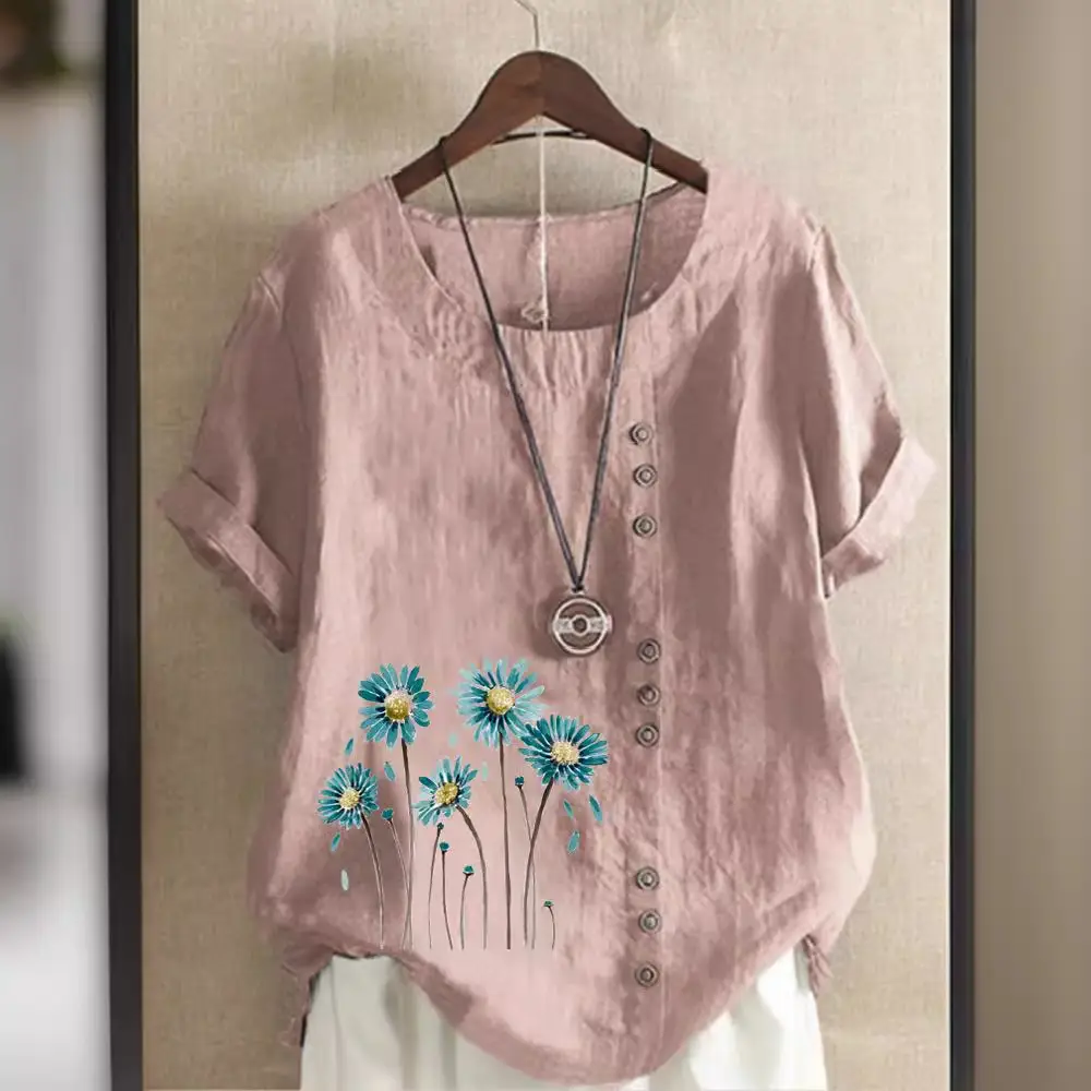 Women's White Flower Print Button T-Shirt Loose Casual Summer Wear - Image 15