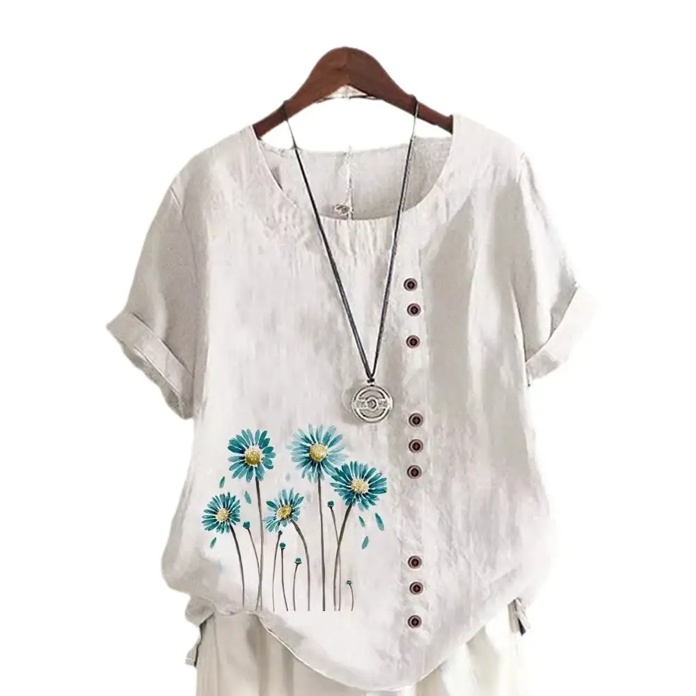 Women's White Flower Print Button T-Shirt Loose Casual Summer Wear - Image 16