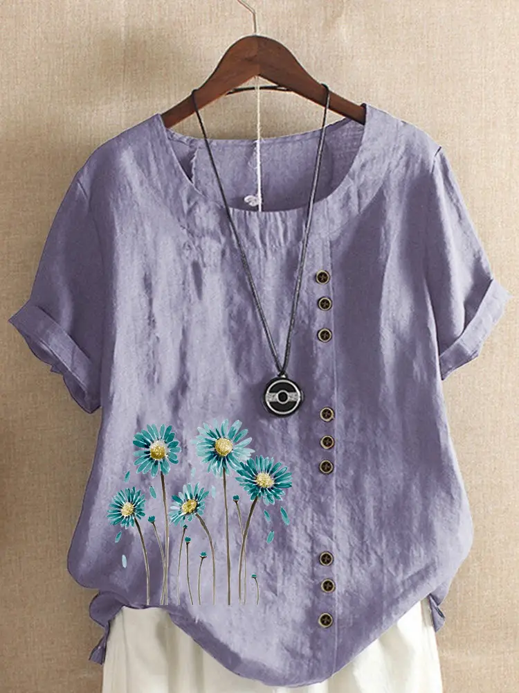 Women's White Flower Print Button T-Shirt Loose Casual Summer Wear - Image 10