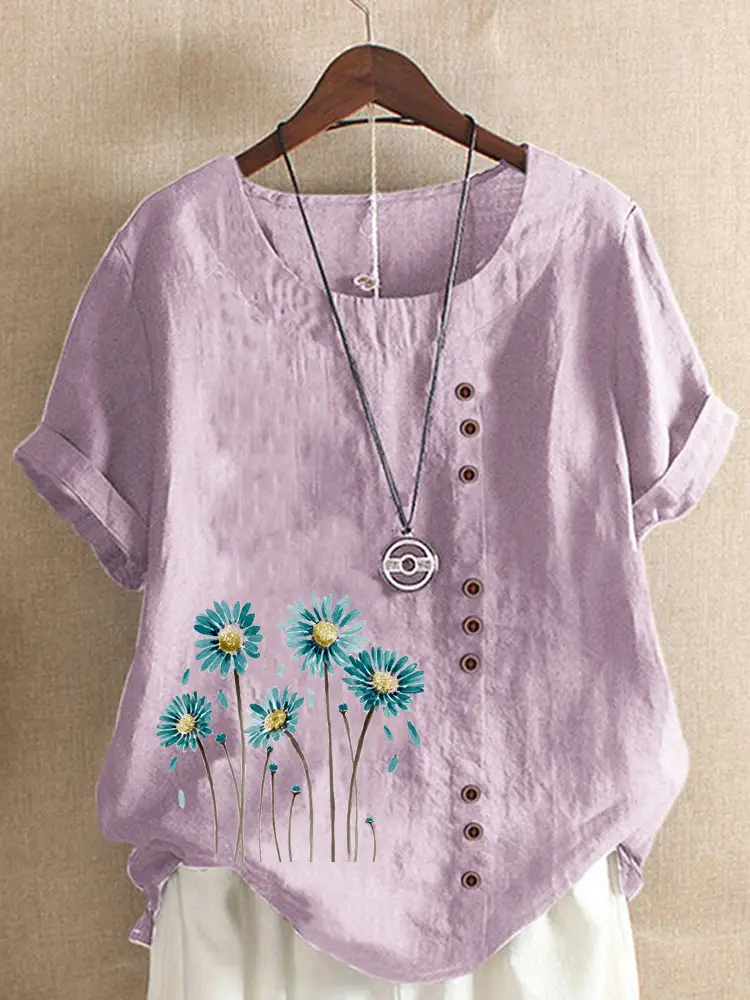 Women's White Flower Print Button T-Shirt Loose Casual Summer Wear - Image 11