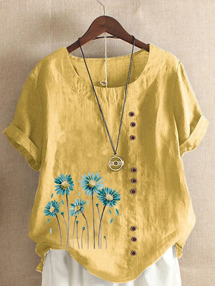 Women's White Flower Print Button T-Shirt Loose Casual Summer Wear - Image 2