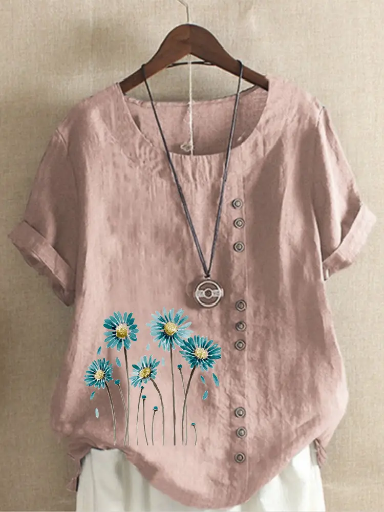 Women's White Flower Print Button T-Shirt Loose Casual Summer Wear - Image 3
