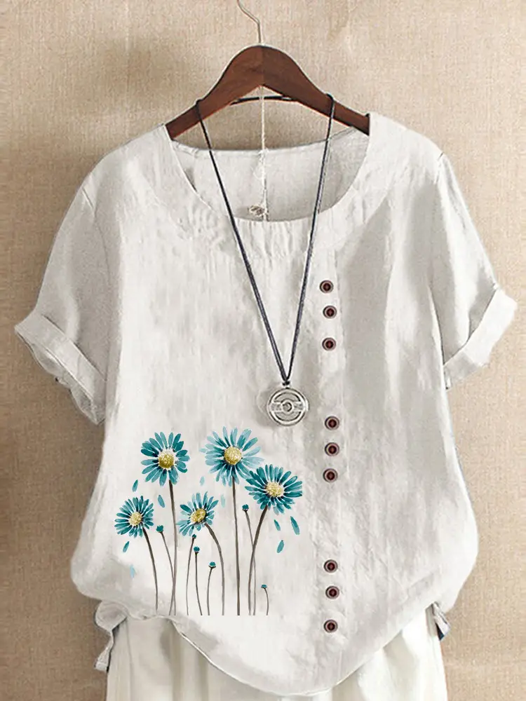 Women's White Flower Print Button T-Shirt Loose Casual Summer Wear - Image 4