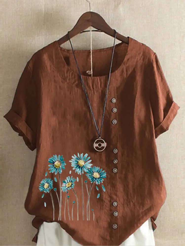 Women's White Flower Print Button T-Shirt Loose Casual Summer Wear - Image 5