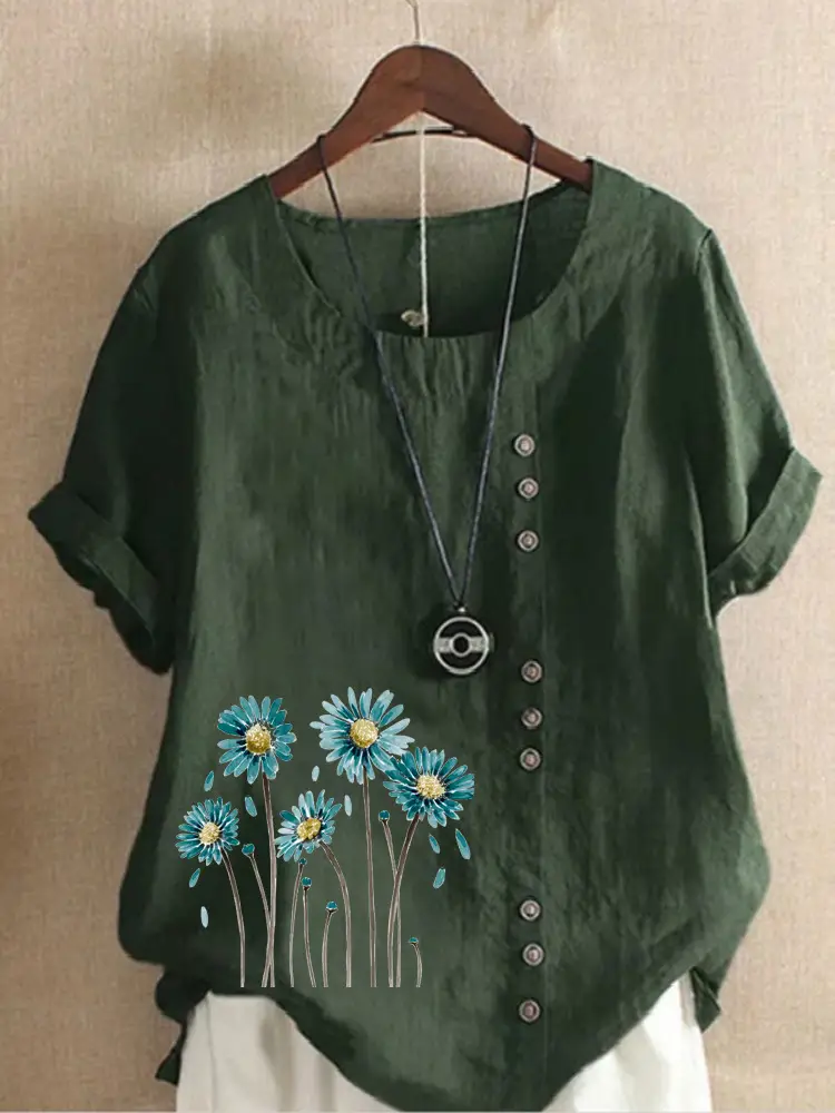 Women's White Flower Print Button T-Shirt Loose Casual Summer Wear - Image 6
