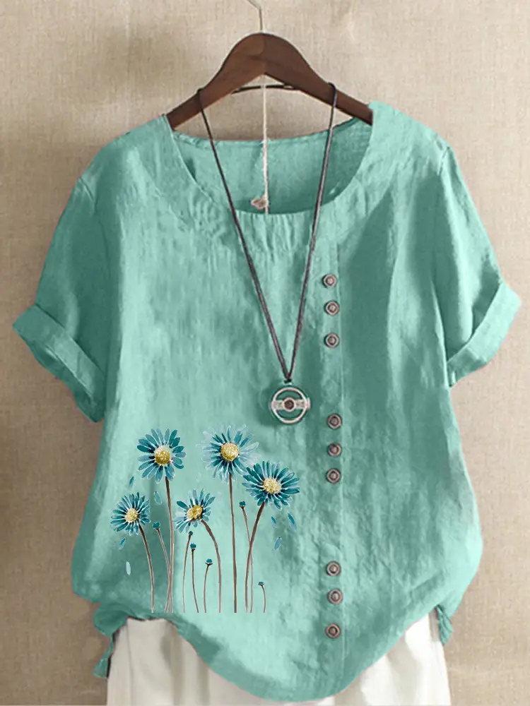 Women's White Flower Print Button T-Shirt Loose Casual Summer Wear - Image 7