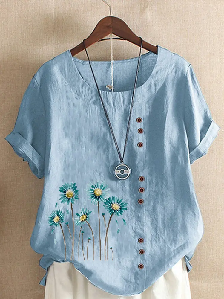 Women's White Flower Print Button T-Shirt Loose Casual Summer Wear - Image 8