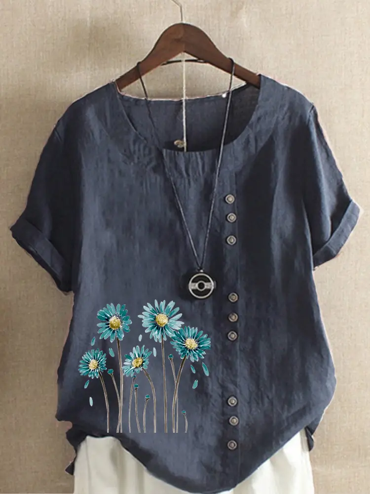 Women's White Flower Print Button T-Shirt Loose Casual Summer Wear - Image 9