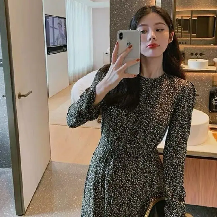 French Retro Black Floral Dress Women's Autumn Winter Slimming Chiffon Long