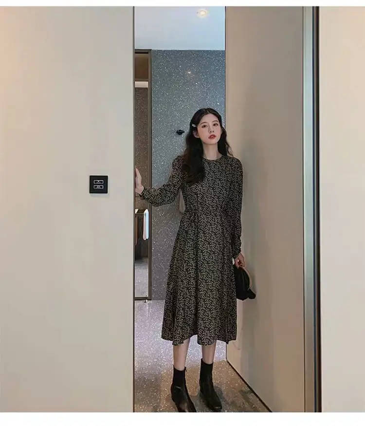 French Retro Black Floral Dress Women's Autumn Winter Slimming Chiffon Long — feature 10