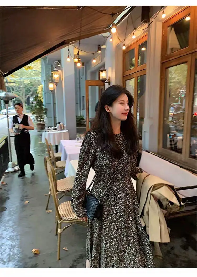 French Retro Black Floral Dress Women's Autumn Winter Slimming Chiffon Long — feature 3