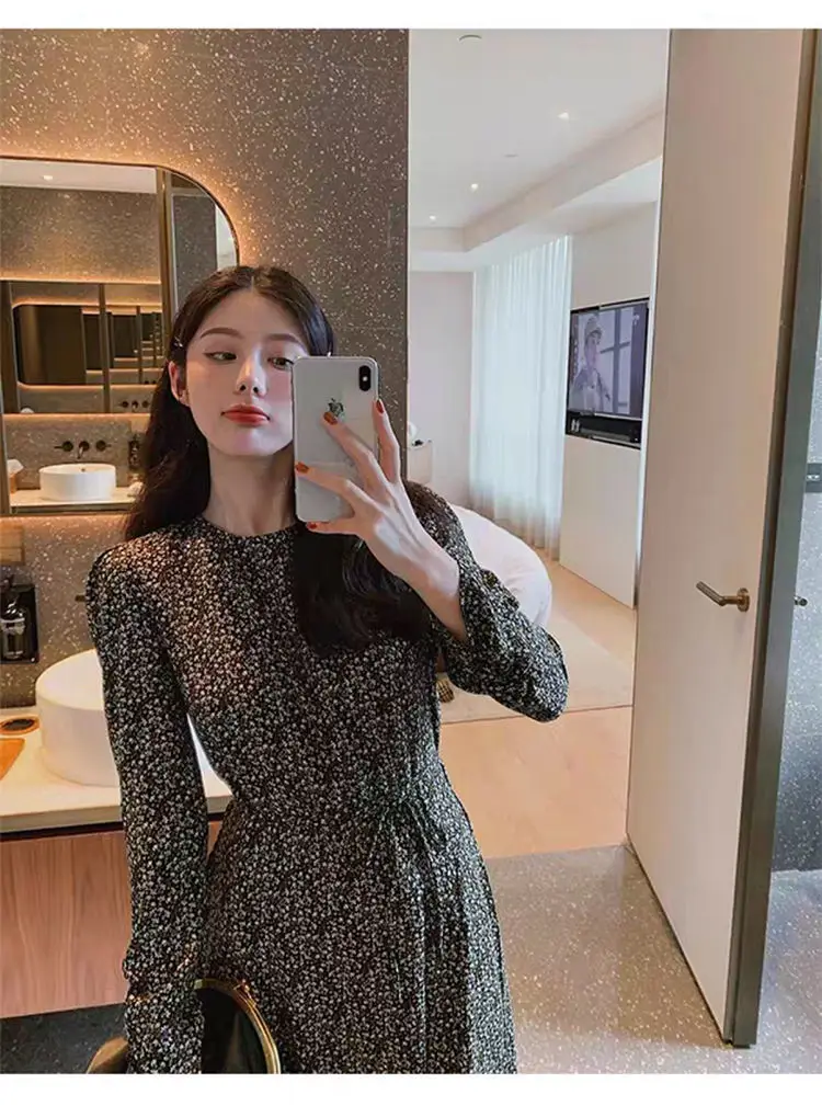 French Retro Black Floral Dress Women's Autumn Winter Slimming Chiffon Long — feature 6