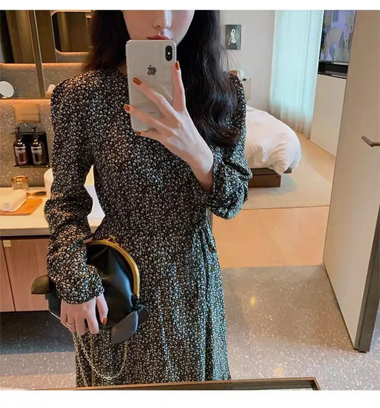 French Retro Black Floral Dress Women's Autumn Winter Slimming Chiffon Long — feature 7