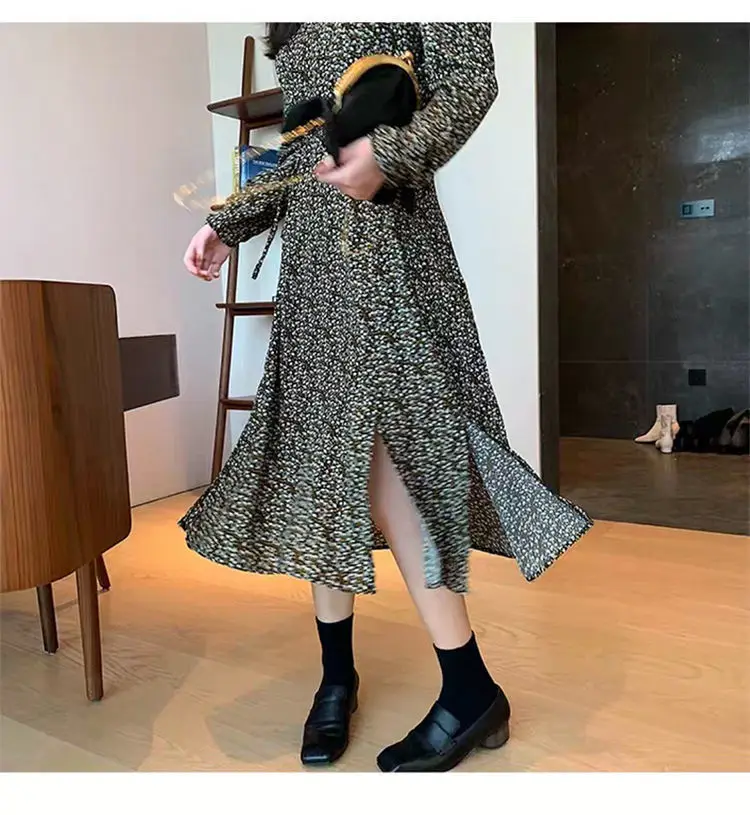French Retro Black Floral Dress Women's Autumn Winter Slimming Chiffon Long — feature 8