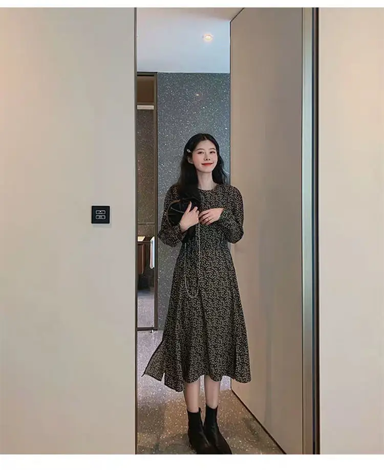 French Retro Black Floral Dress Women's Autumn Winter Slimming Chiffon Long — feature 9