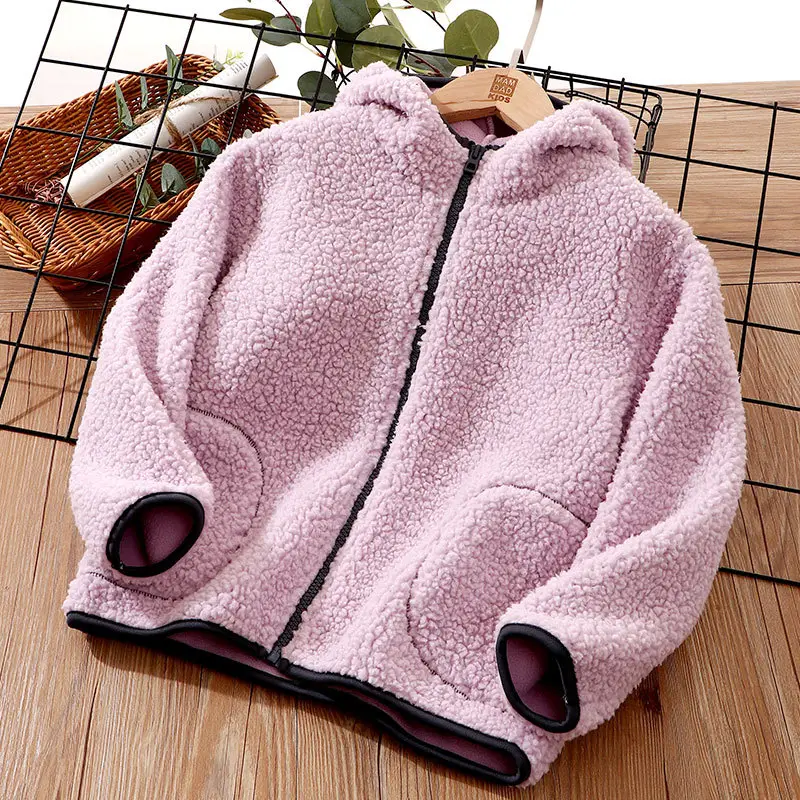 Children's Lamb Fleece Hoodie Blue Pink Winter Warm - Image 2