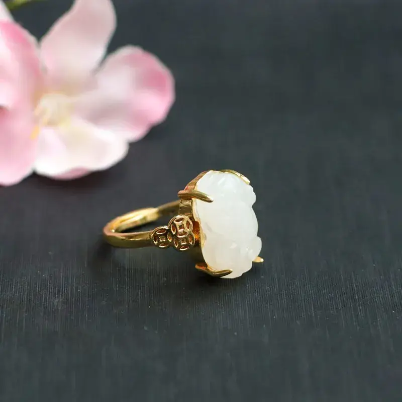 Guan Yu Jade Pixiu Ring White Gemstone Gold Plated - Image 2