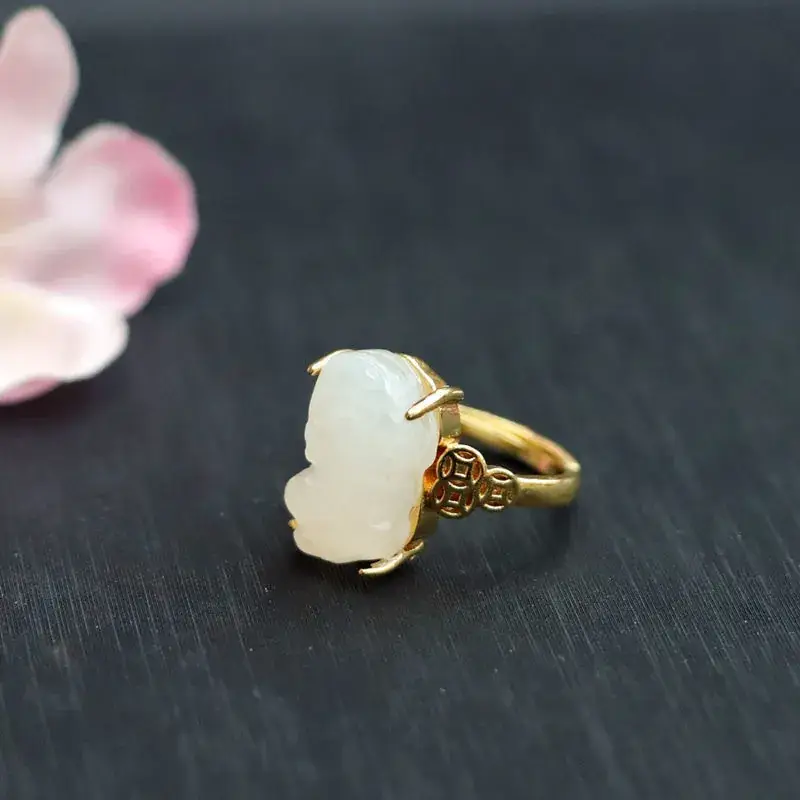 Guan Yu Jade Pixiu Ring White Gemstone Gold Plated - Image 3