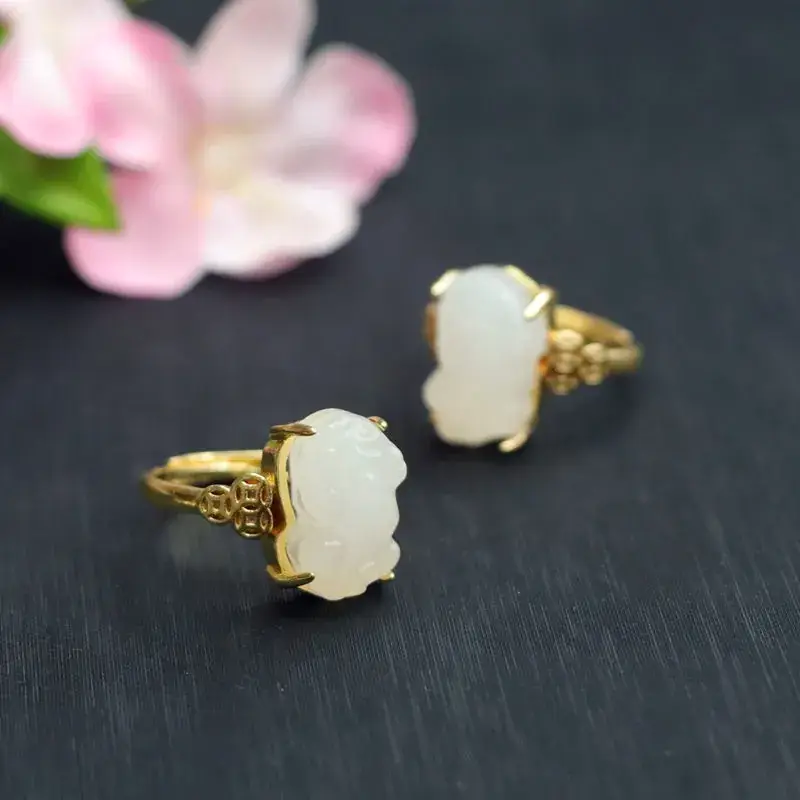 Guan Yu Jade Pixiu Ring White Gemstone Gold Plated - Image 4