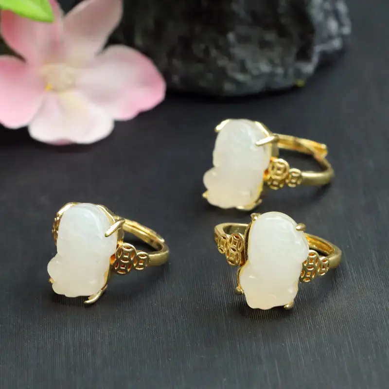 Guan Yu Jade Pixiu Ring White Gemstone Gold Plated — feature 11