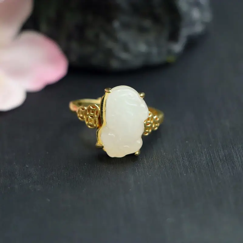 Guan Yu Jade Pixiu Ring White Gemstone Gold Plated — feature 7