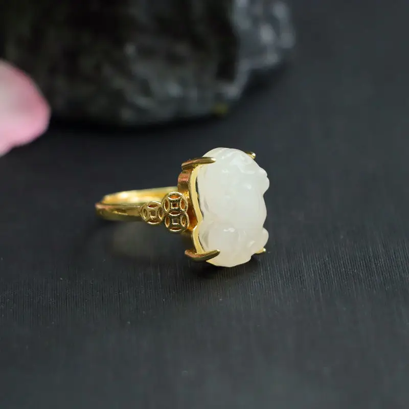 Guan Yu Jade Pixiu Ring White Gemstone Gold Plated — feature 8