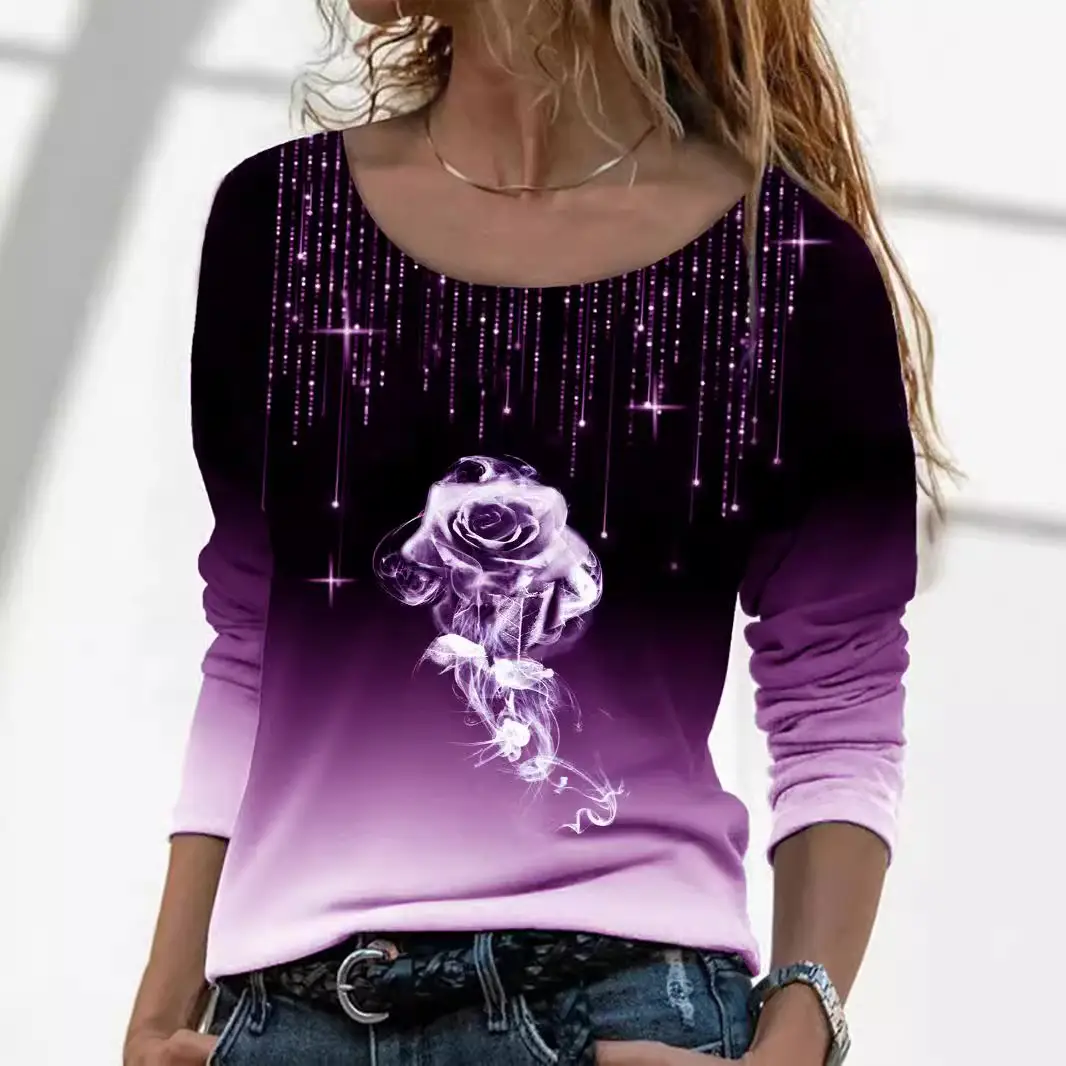 2023 Rose Print Long Sleeve T-Shirt Women Purple - Image 9