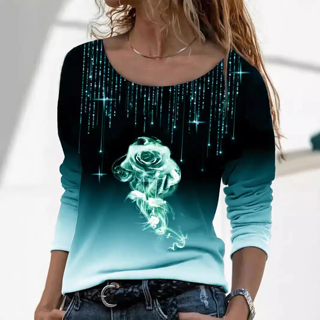 2023 Rose Print Long Sleeve T-Shirt Women Purple - Image 10