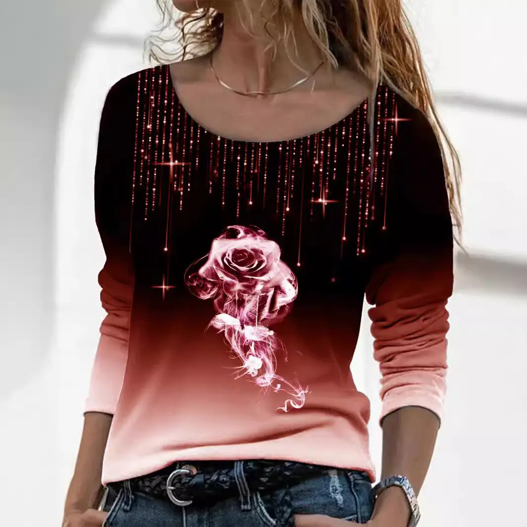 2023 Rose Print Long Sleeve T-Shirt Women Purple - Image 11