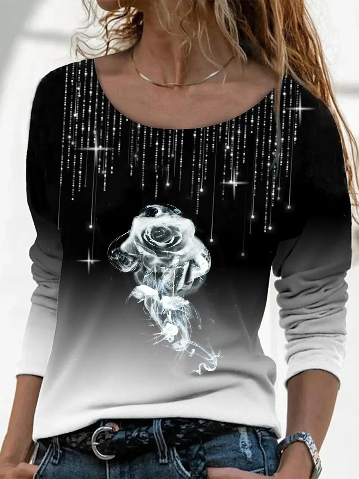 2023 Rose Print Long Sleeve T-Shirt Women Purple - Image 2