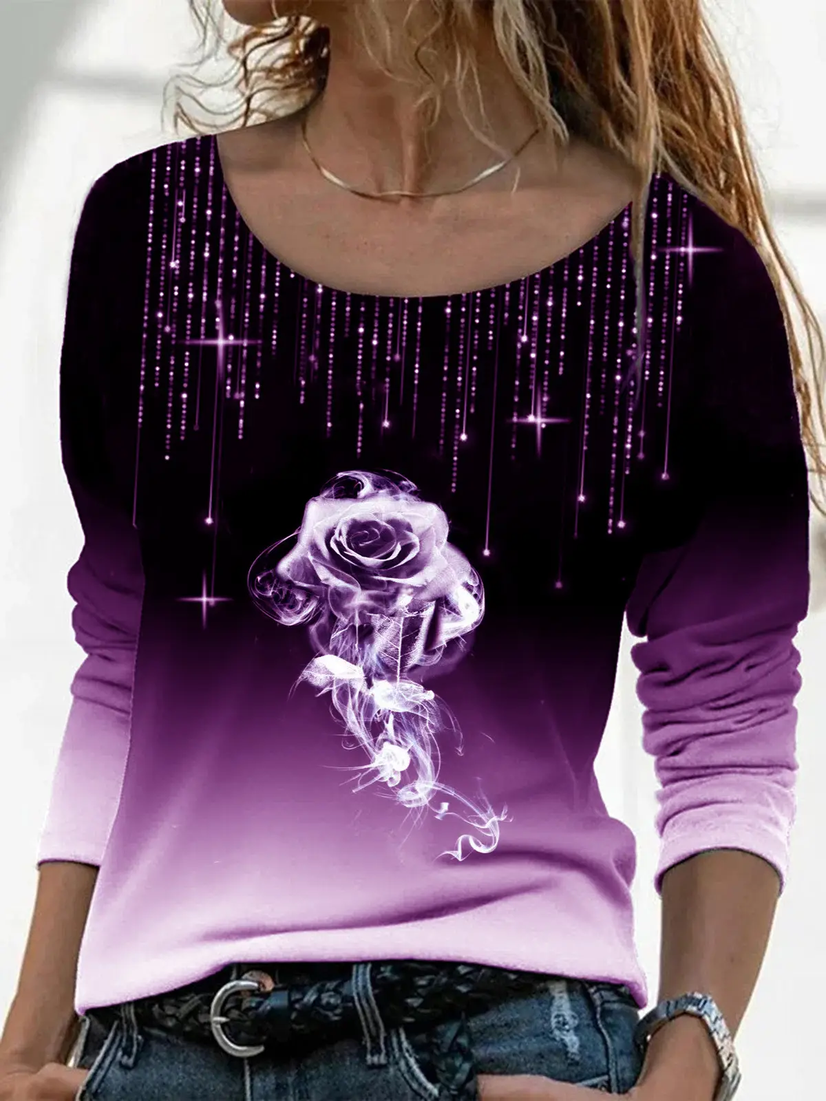 2023 Rose Print Long Sleeve T-Shirt Women Purple - Image 3