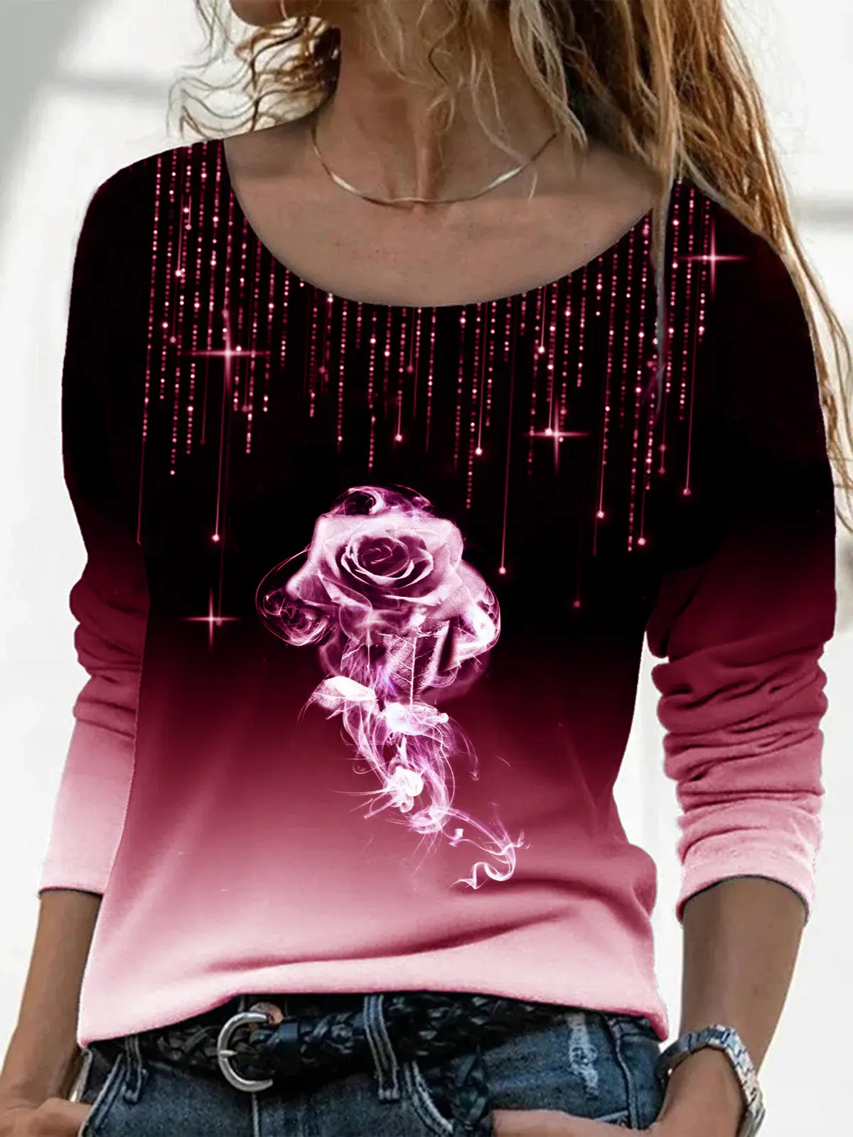 2023 Rose Print Long Sleeve T-Shirt Women Purple - Image 4