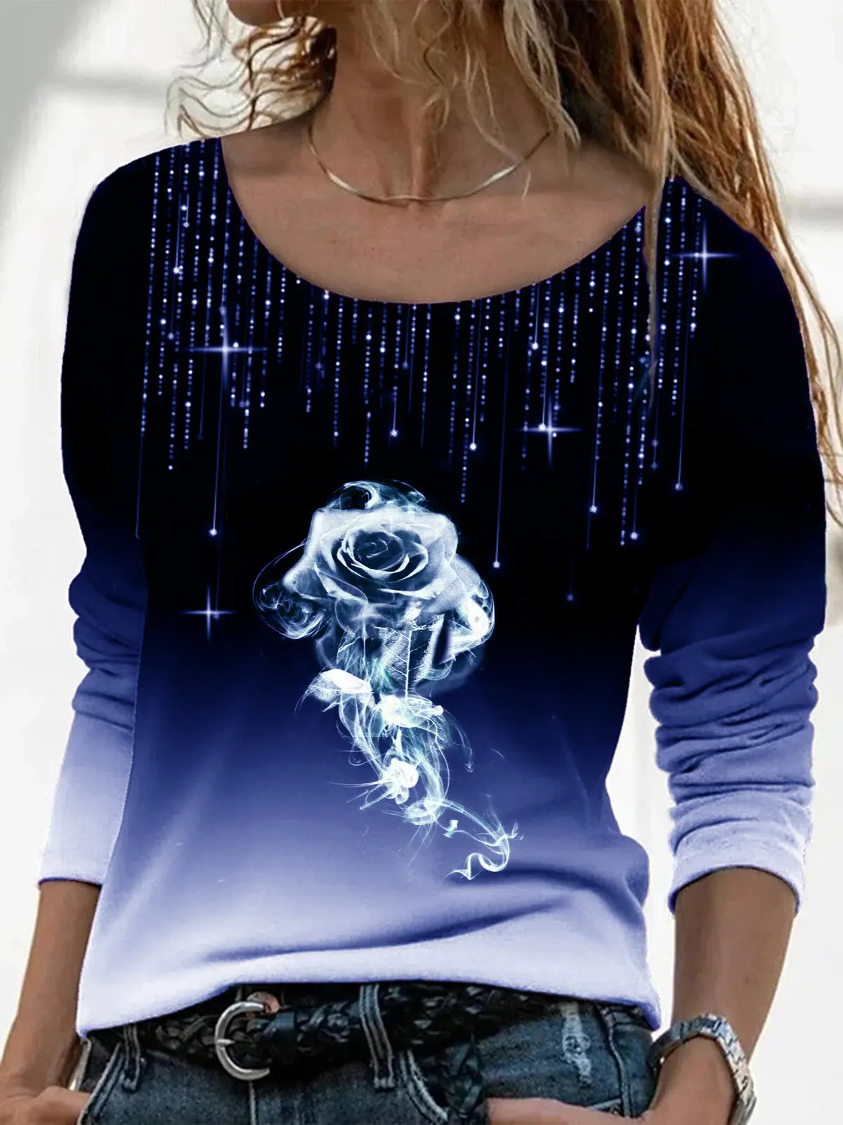 2023 Rose Print Long Sleeve T-Shirt Women Purple - Image 5