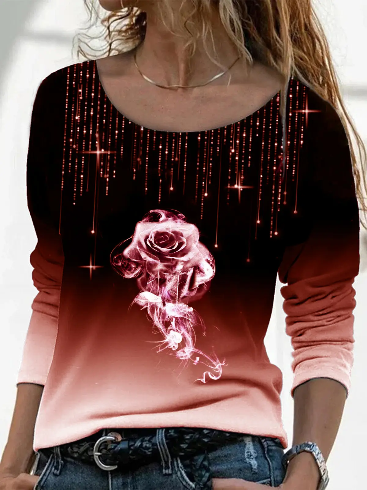 2023 Rose Print Long Sleeve T-Shirt Women Purple - Image 6