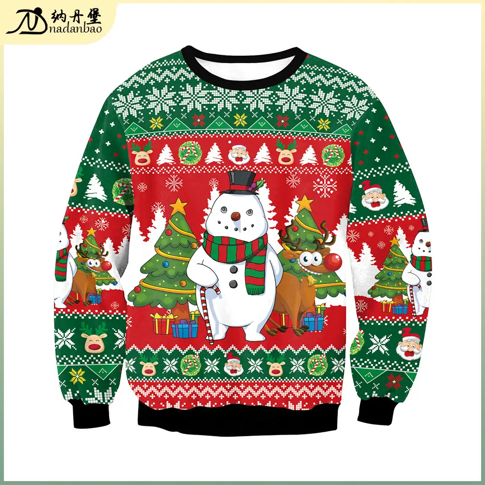 Christmas Snowman Printed Sweatshirt Red Green Long Sleeve - Image 2