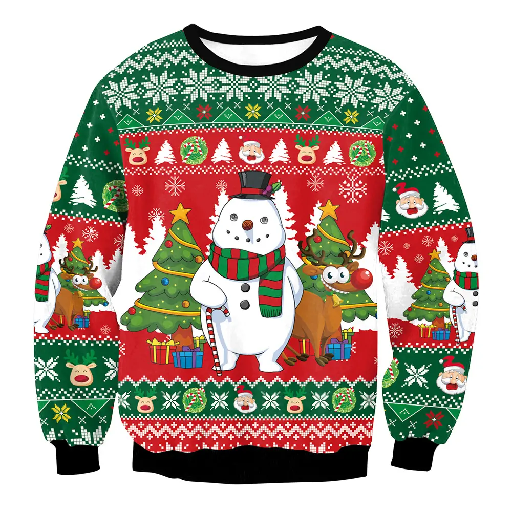 Christmas Snowman Printed Sweatshirt Red Green Long Sleeve - Image 6