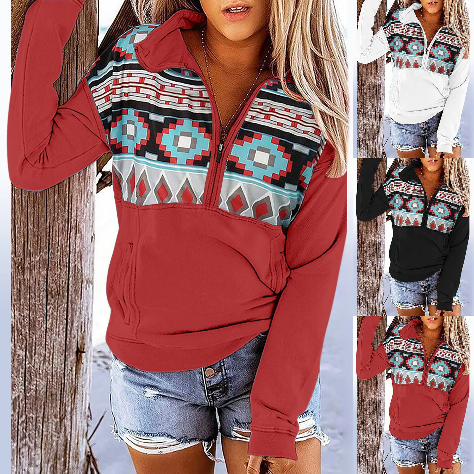 Women's 2023 Zipper Polo Jacket Red Patterned - Image 14