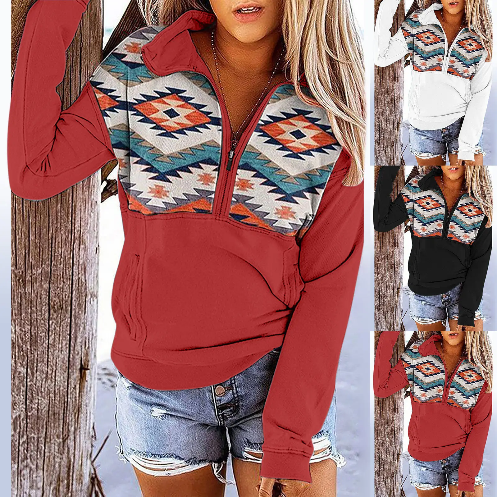 Women's 2023 Zipper Polo Jacket Red Patterned - Image 15