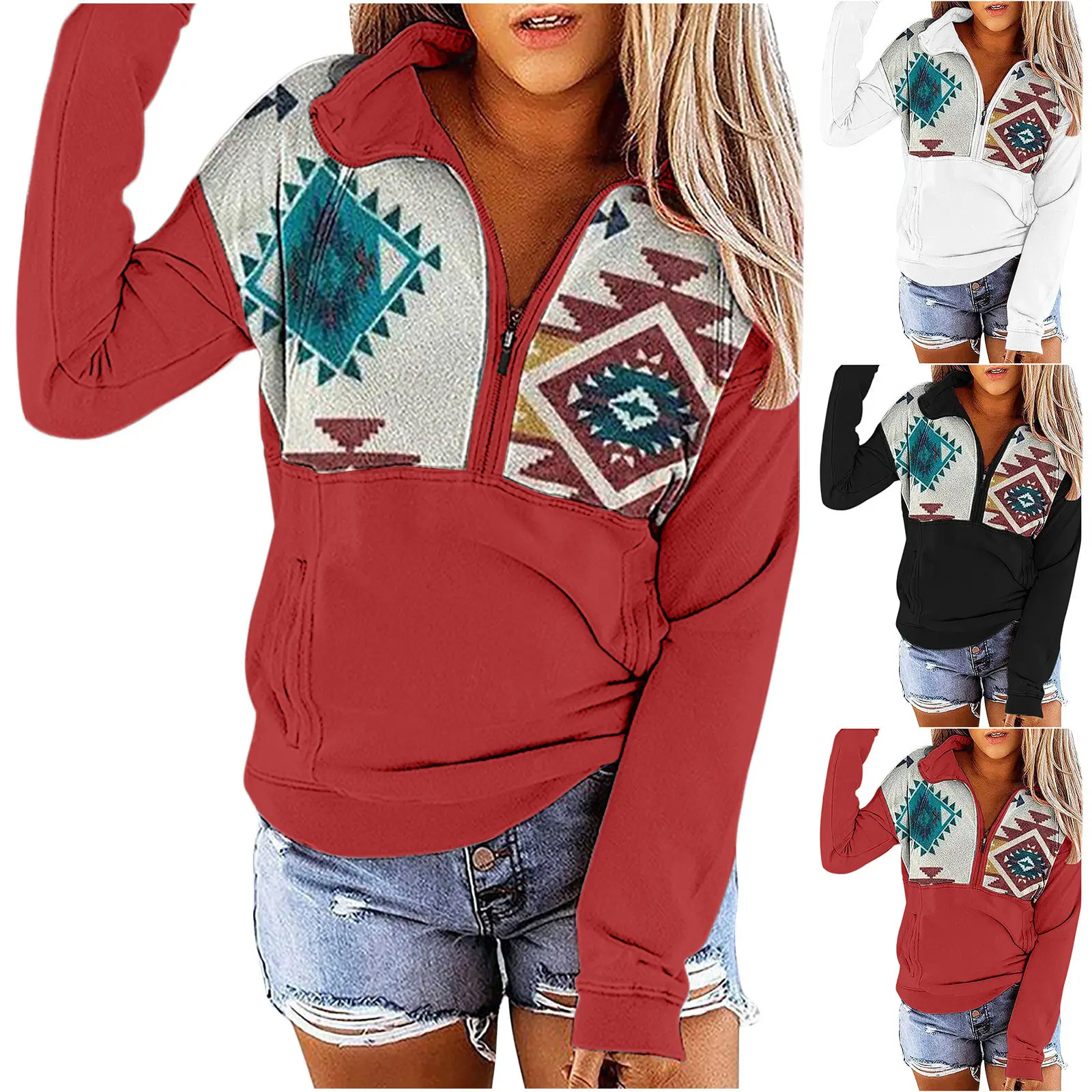 Women's 2023 Zipper Polo Jacket Red Patterned - Image 16