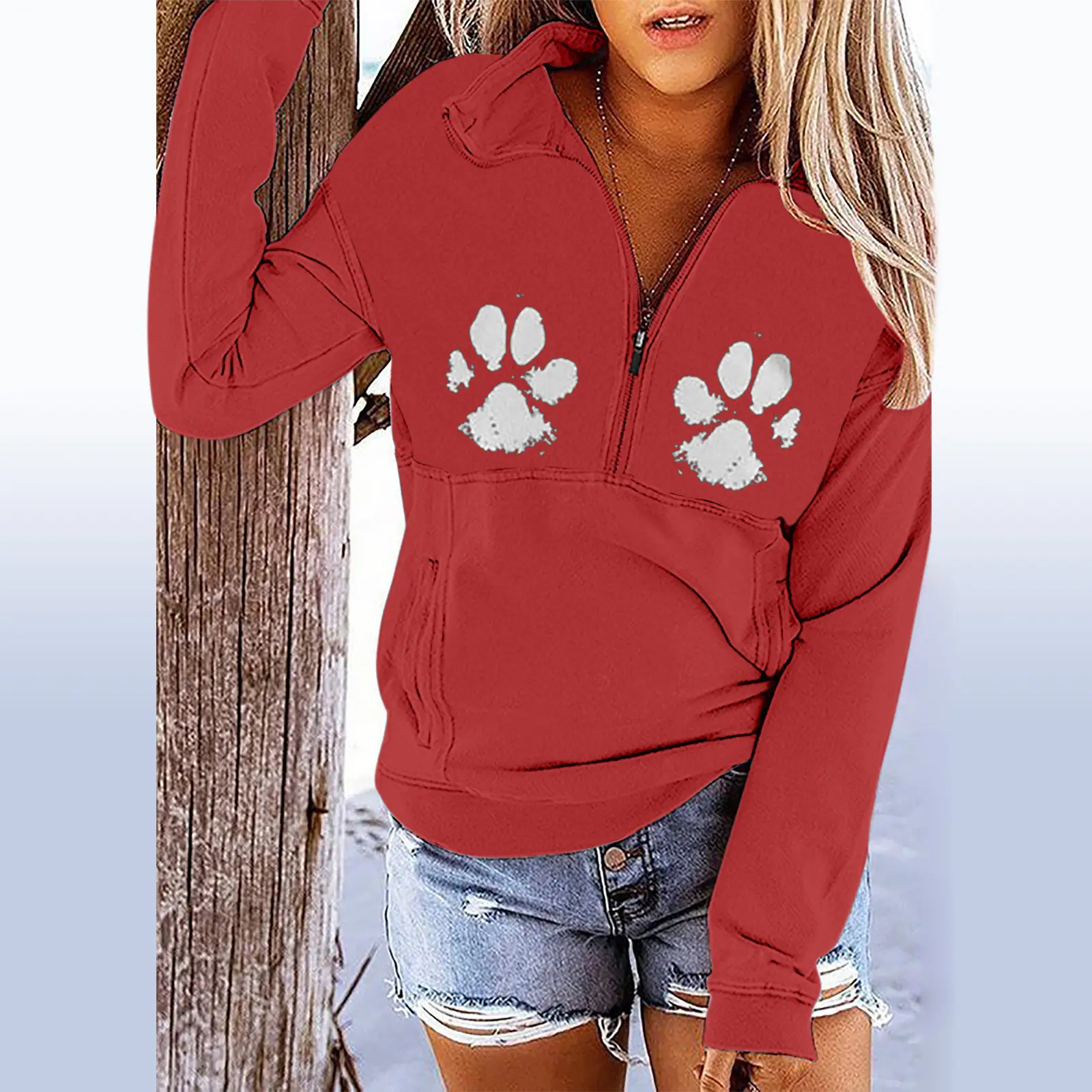 Women's 2023 Zipper Polo Jacket Red Patterned - Image 11