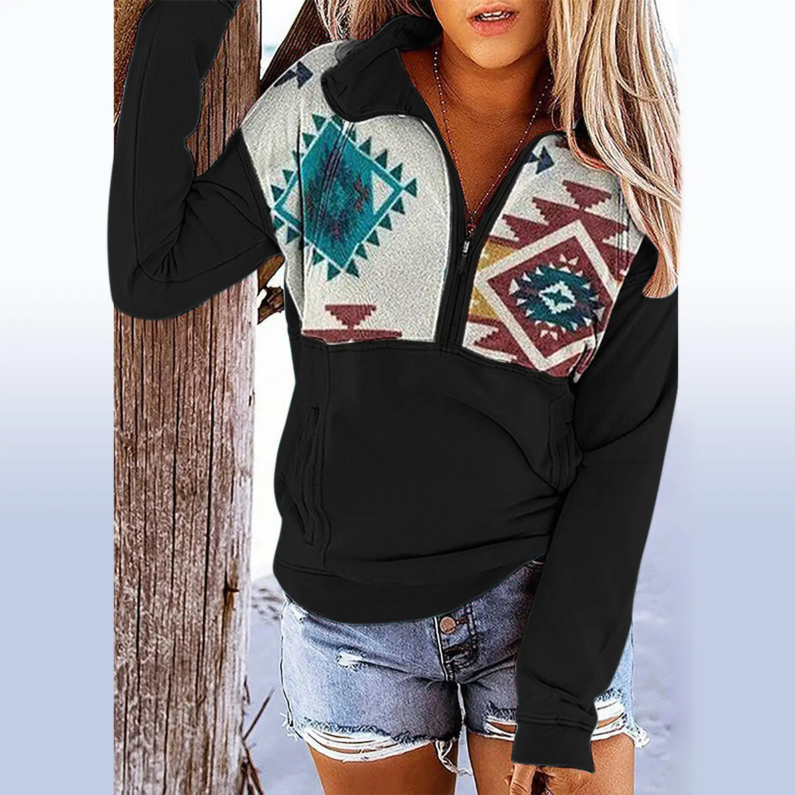 Women's 2023 Zipper Polo Jacket Red Patterned - Image 9