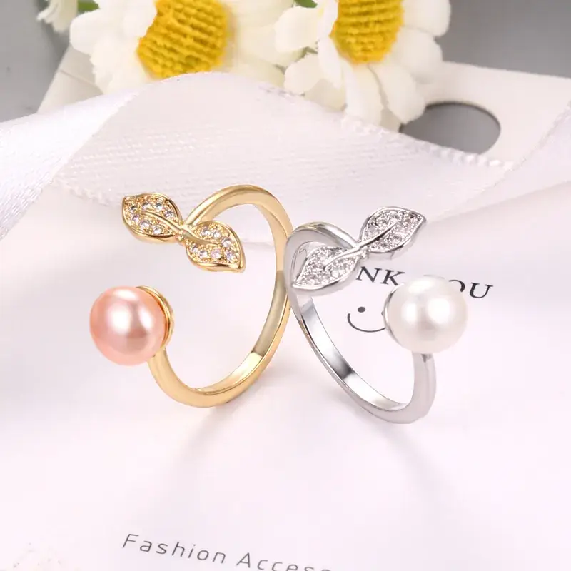 Japanese & Korean Style Pearl Leaf Adjustable Ring