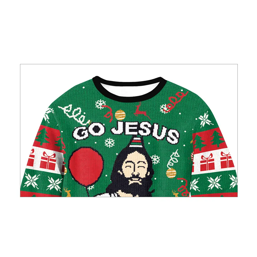 2025 Christmas Printed Sweatshirt Green Jesus Couple Long Sleeve