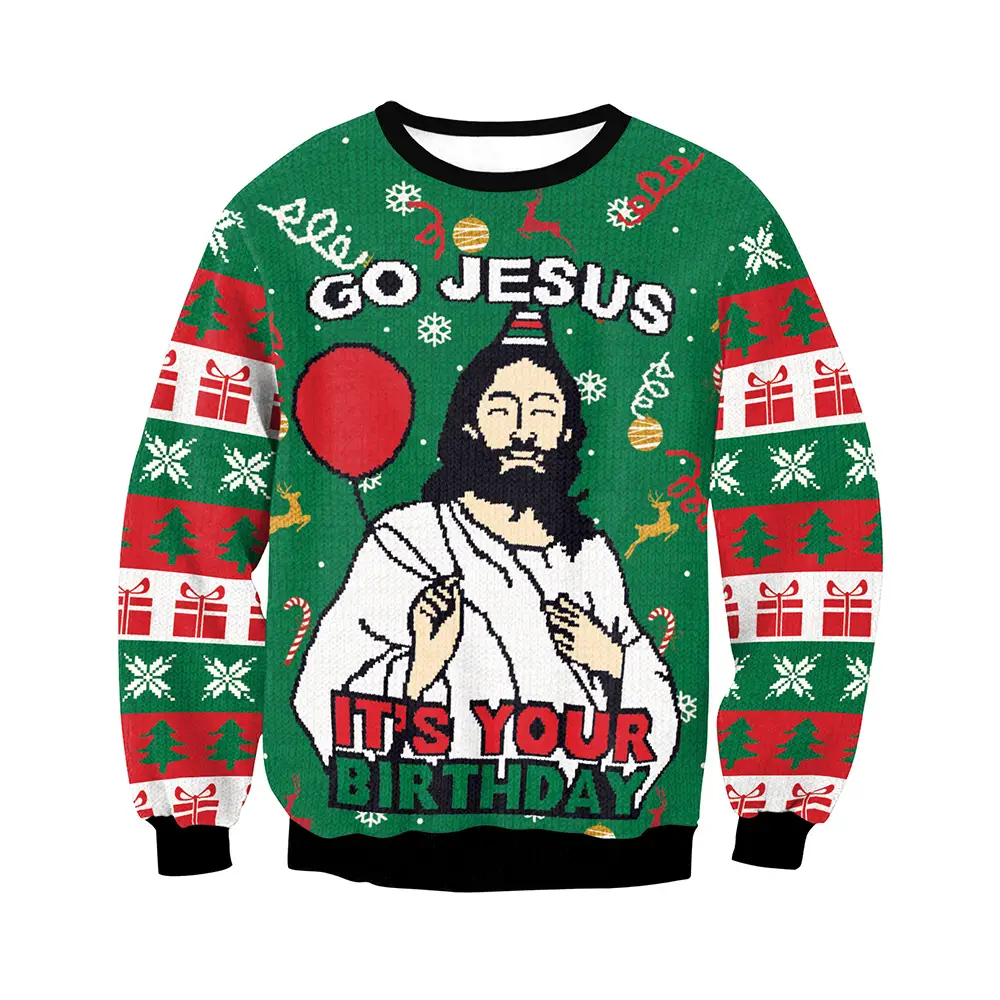 2025 Christmas Printed Sweatshirt Green Jesus Couple Long Sleeve