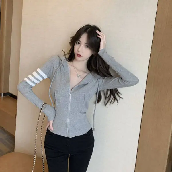 Women Cotton Slim Gray Hooded Cardigan Coat Winter