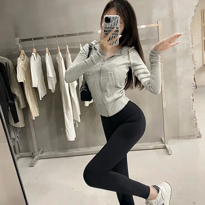 Women Cotton Slim Gray Hooded Cardigan Coat Winter