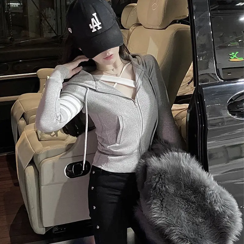 Women Cotton Slim Gray Hooded Cardigan Coat Winter — feature 5