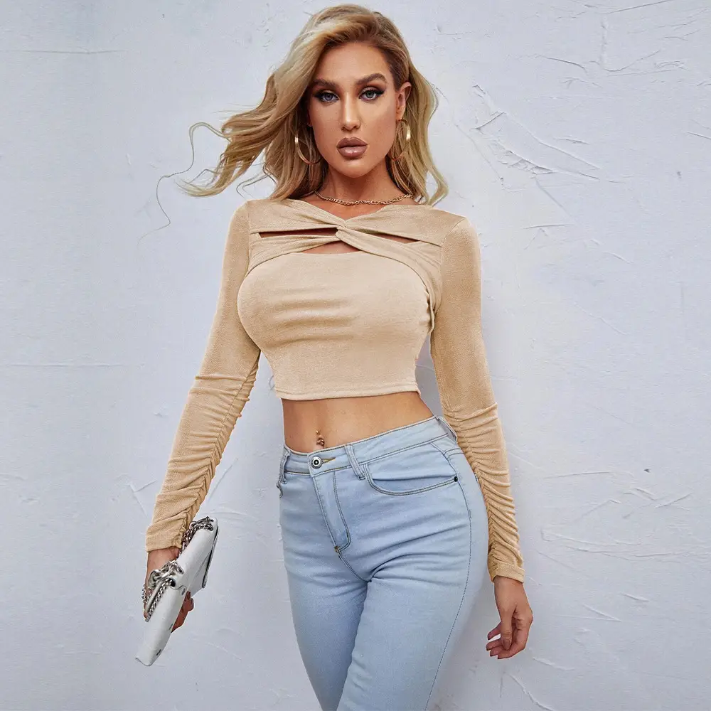 2026 Women's Hollow Out Long Sleeve Top Beige